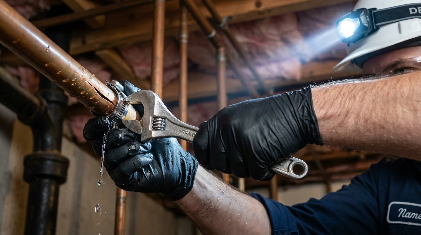 Emergency pipe clamp repair being performed by a Johns Plumbing LLC plumber in Mount Pocono