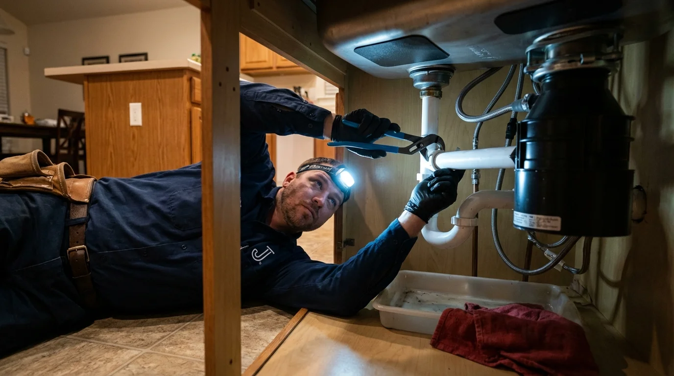 P-trap and supply line connections under a kitchen sink showing a common leak point in Mount Pocono, PA